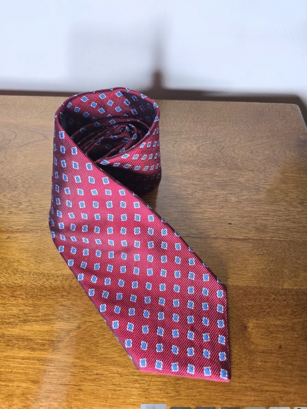 Brooks Brothers 346 100% Silk Red Tie with Blue and White Geometric Motif